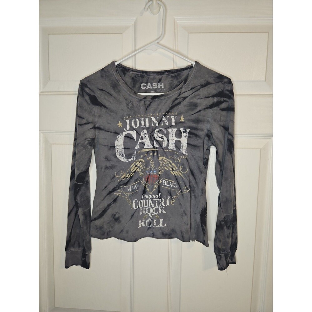 Johnny Cash Long Sleeve T-shirt Tshirt Womens S Small Gray Tie Dye